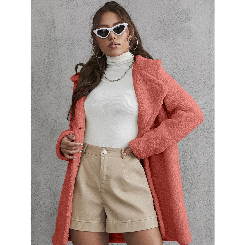 Button Front Teddy Coat Long Trench Coat Jacket hot pink faux fur - Picture 9 of 9